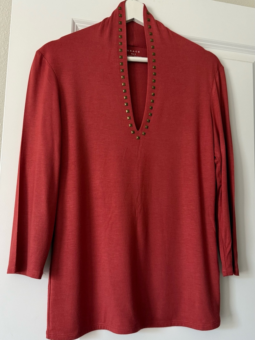 Grace Red Long-Sleeve V-Neck Top with Stud Trim
